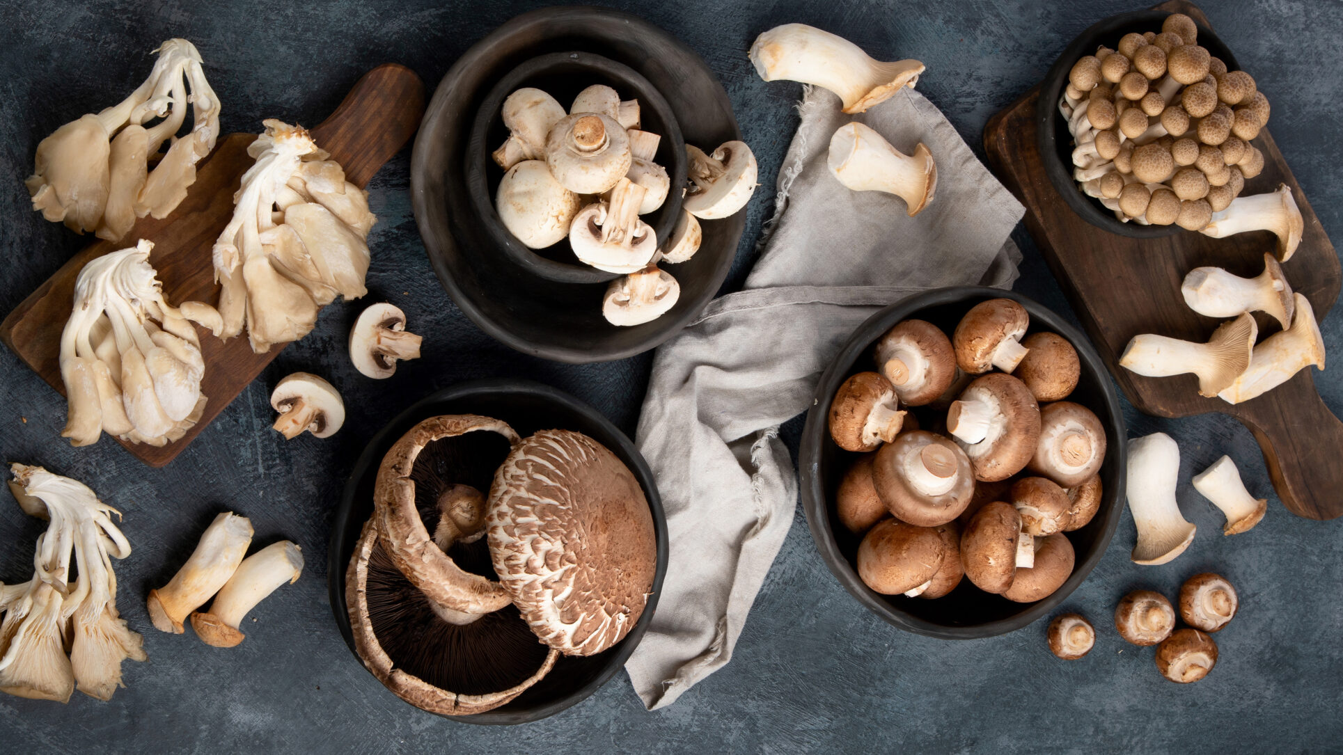 Variety of raw mushrooms on dark background. Vegan food cocnept.